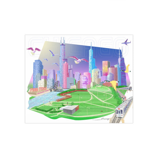 Single poster, no frame, of an elegant view of Ping Tom Park, one of my favorite parks in Chicago. The overall design is inspired by the retro aesthetics of the 80s and 90s. The bright and soothing color palette is light and airy with soft pastel tones and textures. The cityscape is seen in the background with some of Chicago's most iconic buildings like the Sears (Willis) Tower, 401 N Wabash, The Board of Trade building, John Hancock and more!