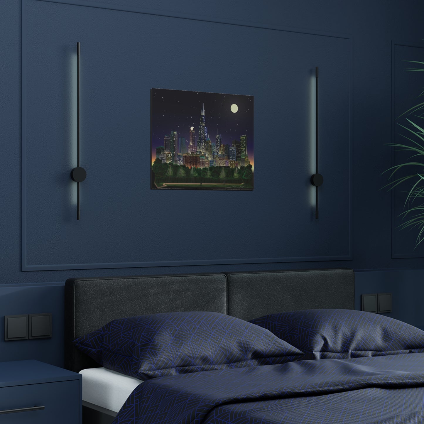 Noche de luna llena en Chicago [Ilustración artística impresa]