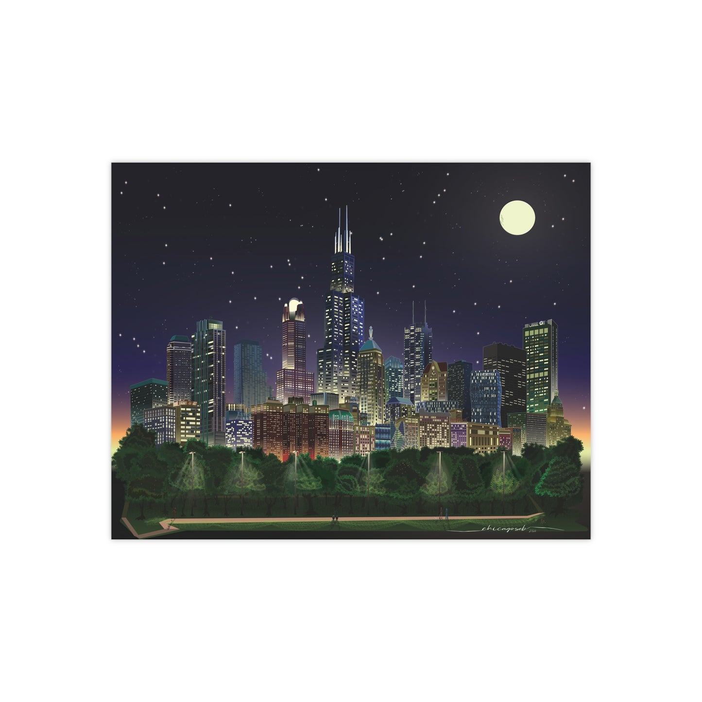 Noche de luna llena en Chicago [Ilustración artística impresa]