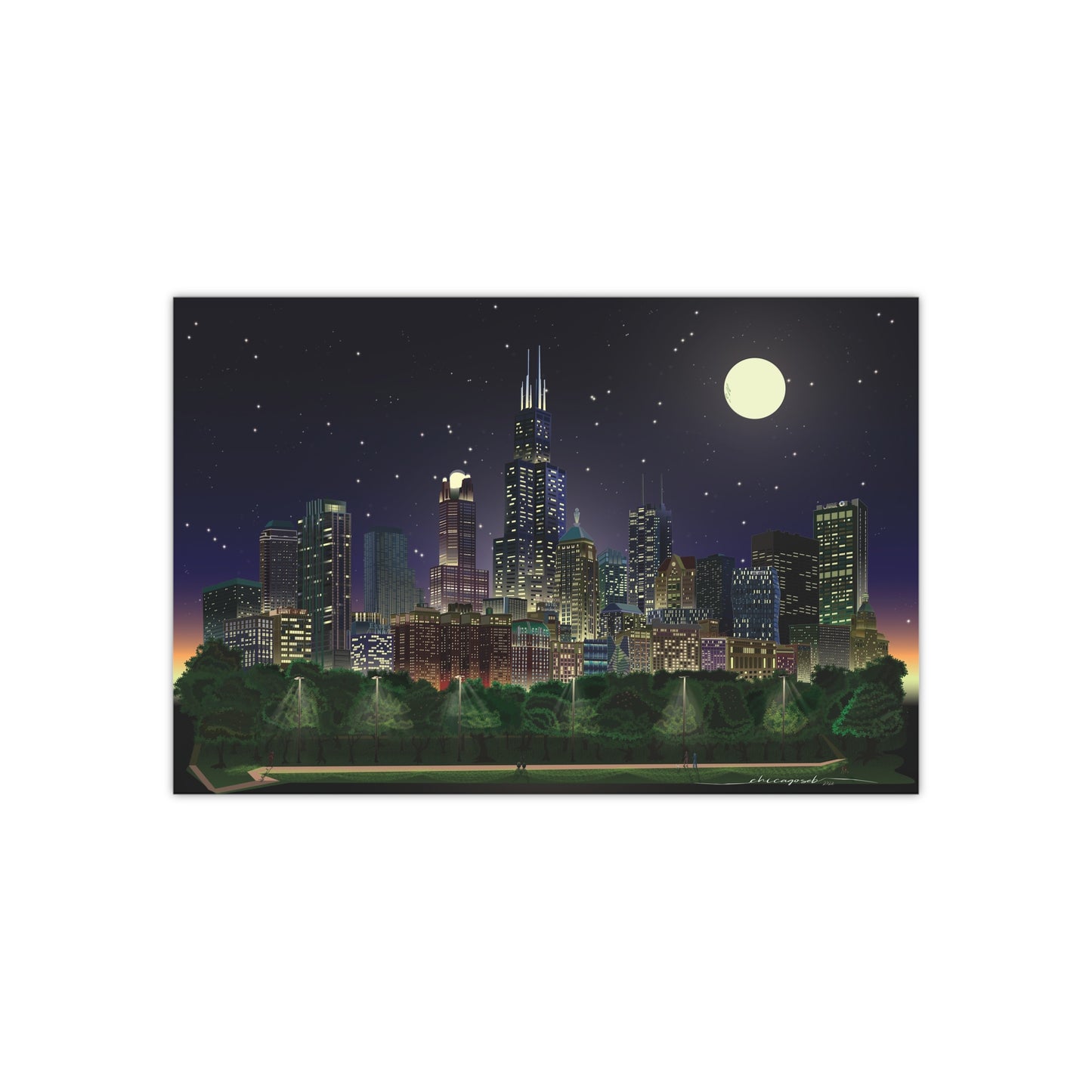 Noche de luna llena en Chicago [Ilustración artística impresa]