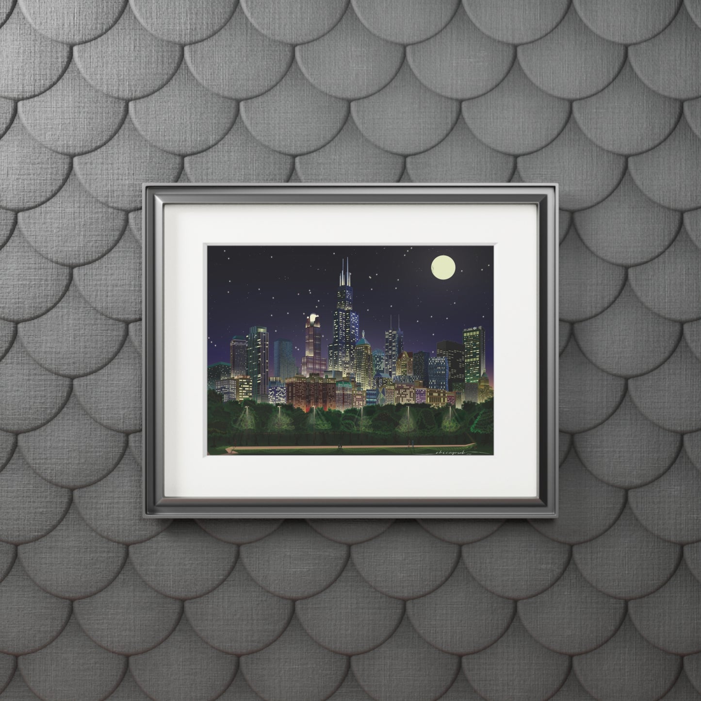 Noche de luna llena en Chicago [Impresión artística enmarcada en papel]