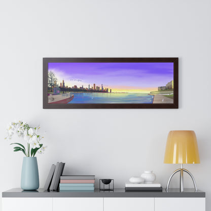 Chicago Winter Sunset Pano [Framed Illustration Art Print]