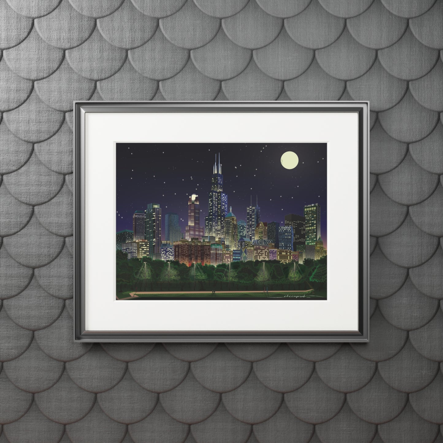 Noche de luna llena en Chicago [Impresión artística enmarcada en papel]