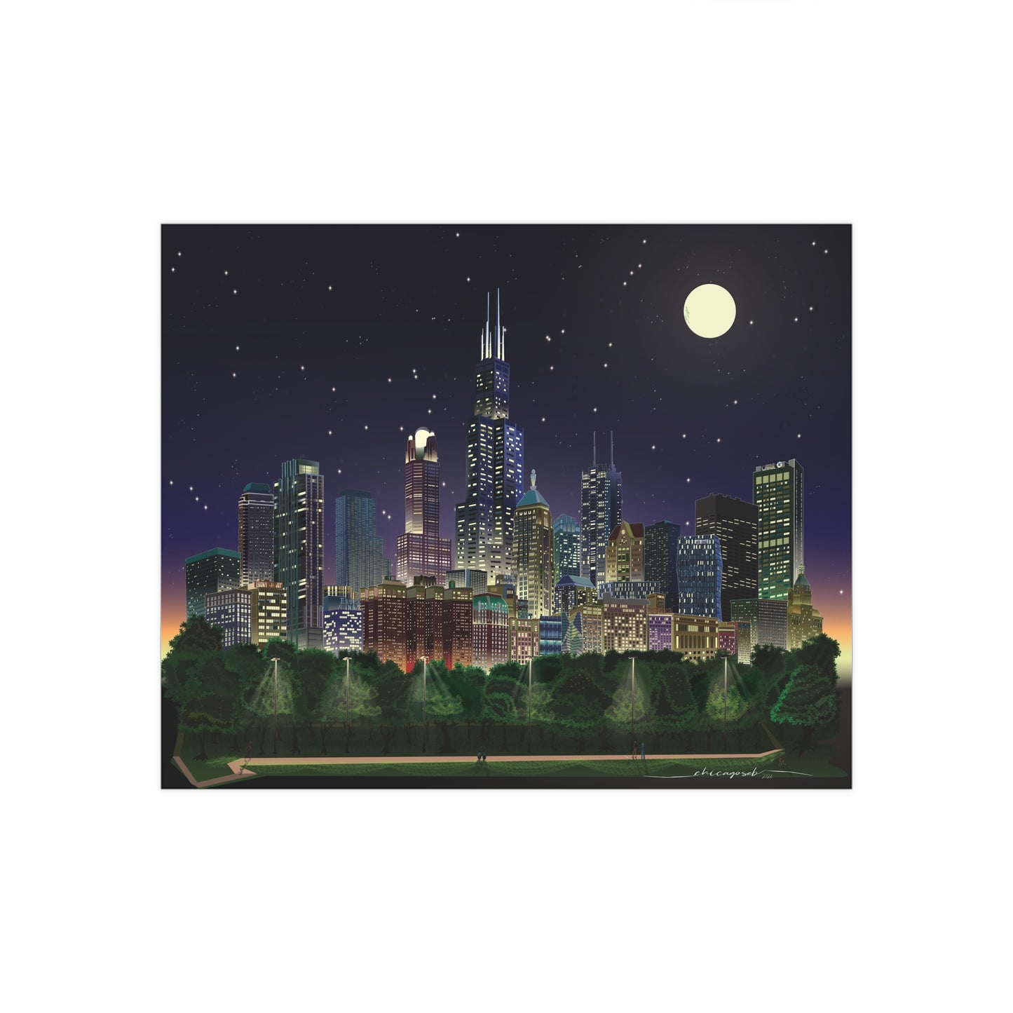 Noche de luna llena en Chicago [Ilustración artística impresa]