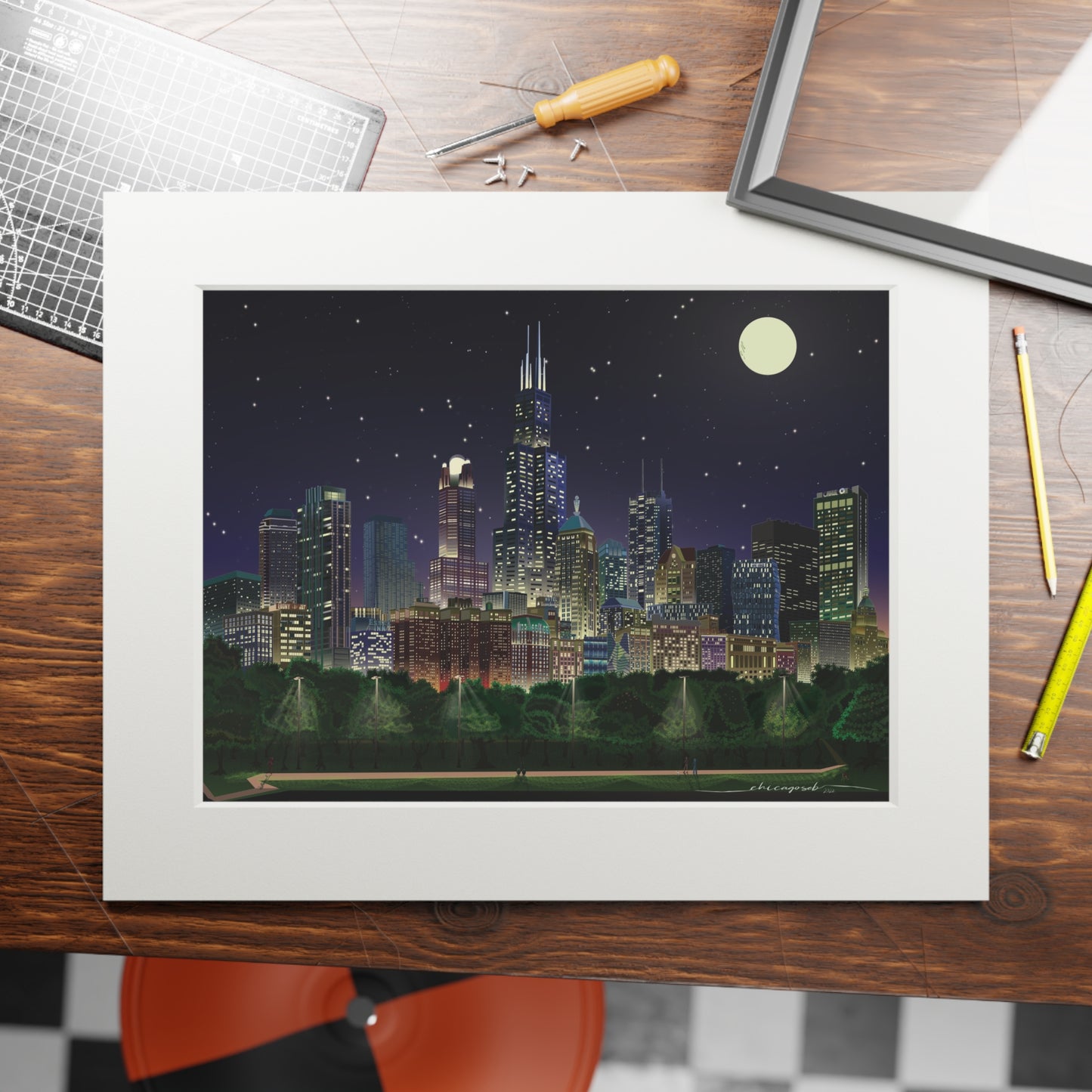 Noche de luna llena en Chicago [Impresión artística enmarcada en papel]