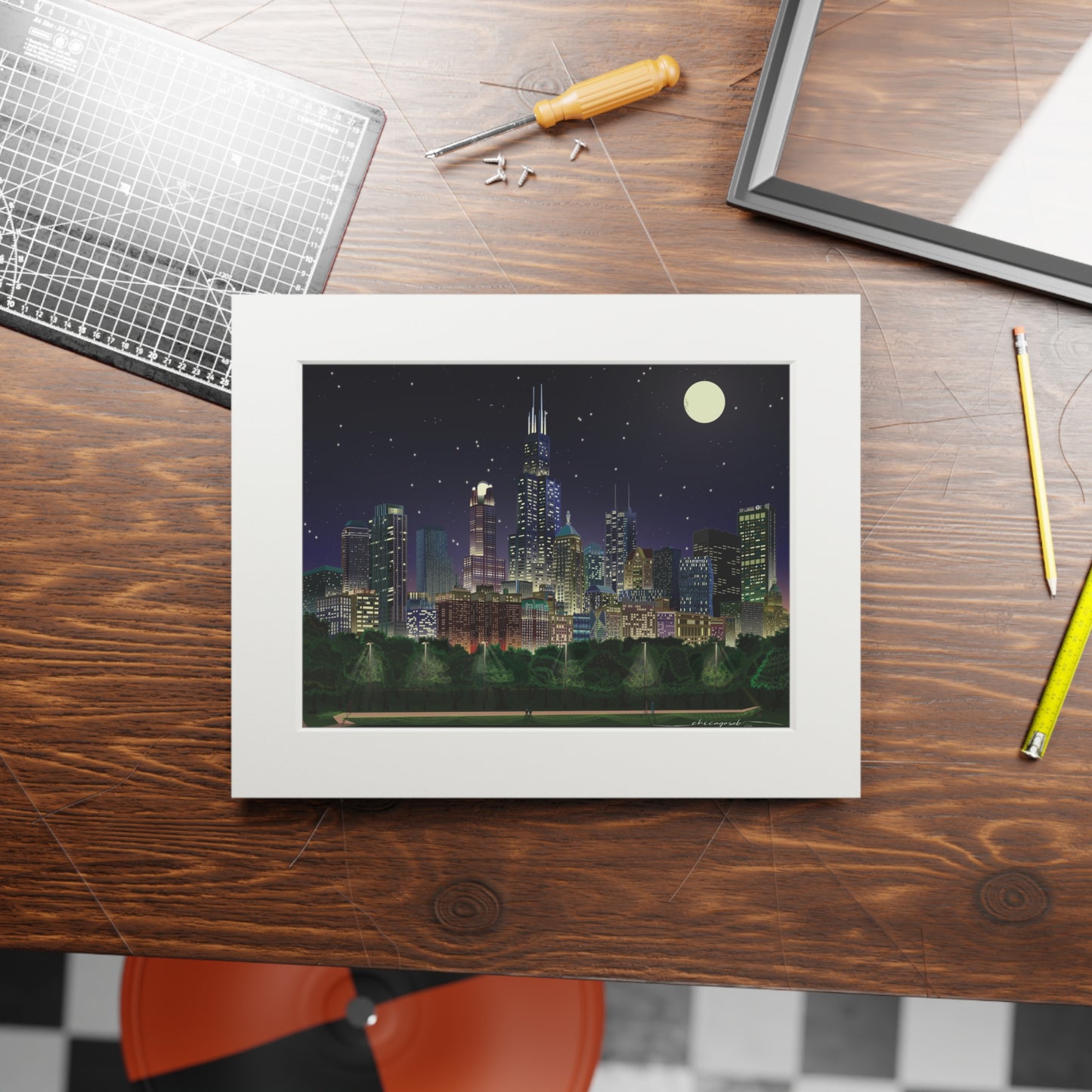 Noche de luna llena en Chicago [Impresión artística enmarcada en papel]