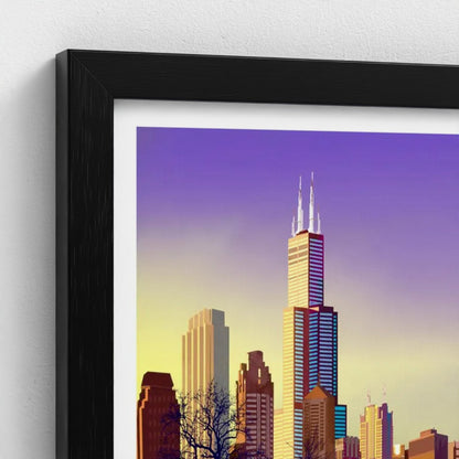 Chicago Winter Sunset Pano [Framed Illustration Art Print]