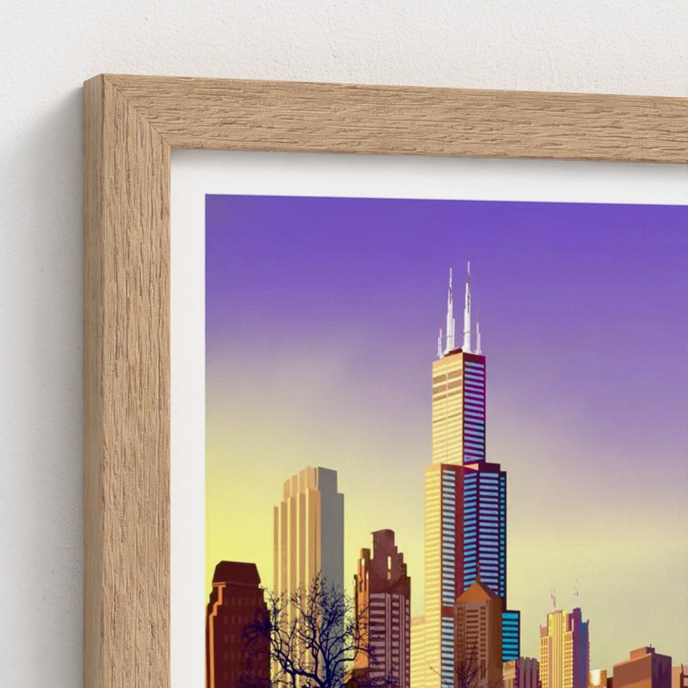Chicago Winter Sunset Pano [Framed Illustration Art Print]