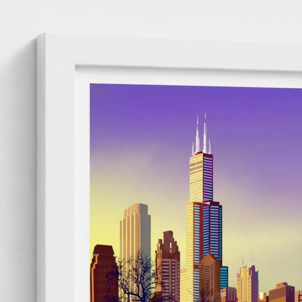 Chicago Winter Sunset Pano [Framed Illustration Art Print]