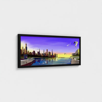 Panorámica del atardecer invernal en Chicago [Ilustración artística enmarcada] 
