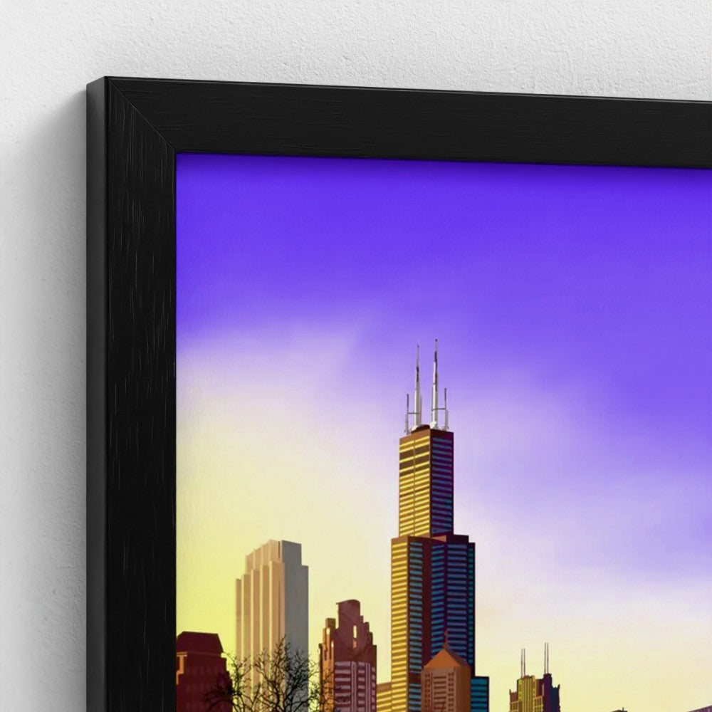 Panorámica del atardecer invernal en Chicago [Ilustración artística enmarcada] 