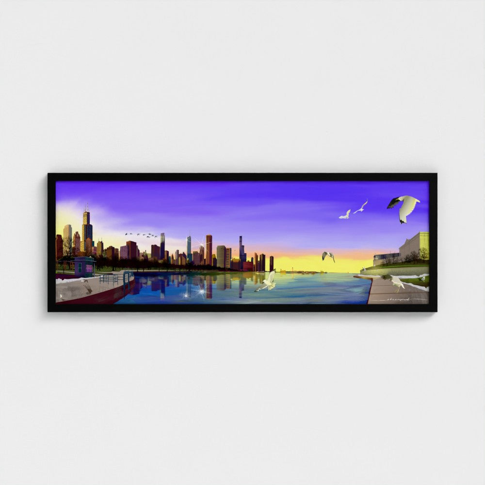 Panorámica del atardecer invernal en Chicago [Ilustración artística enmarcada] 