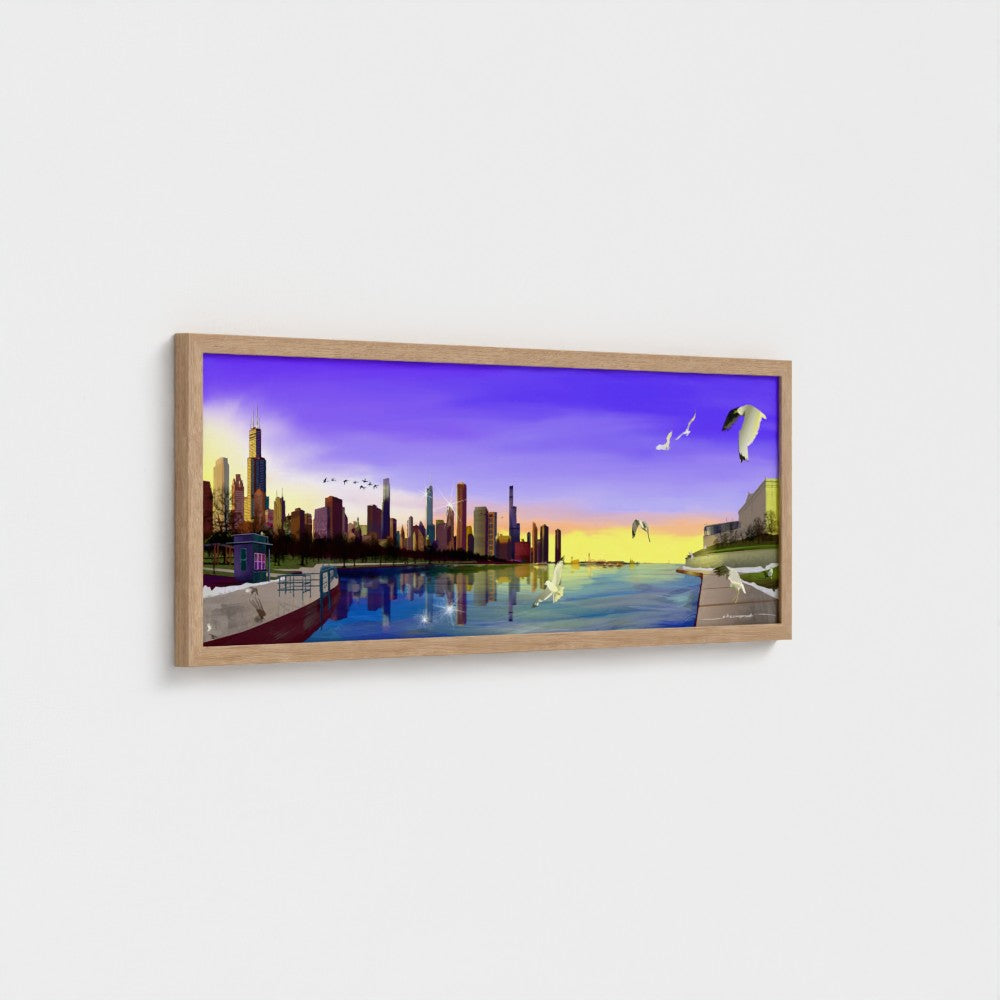 Panorámica del atardecer invernal en Chicago [Ilustración artística enmarcada] 