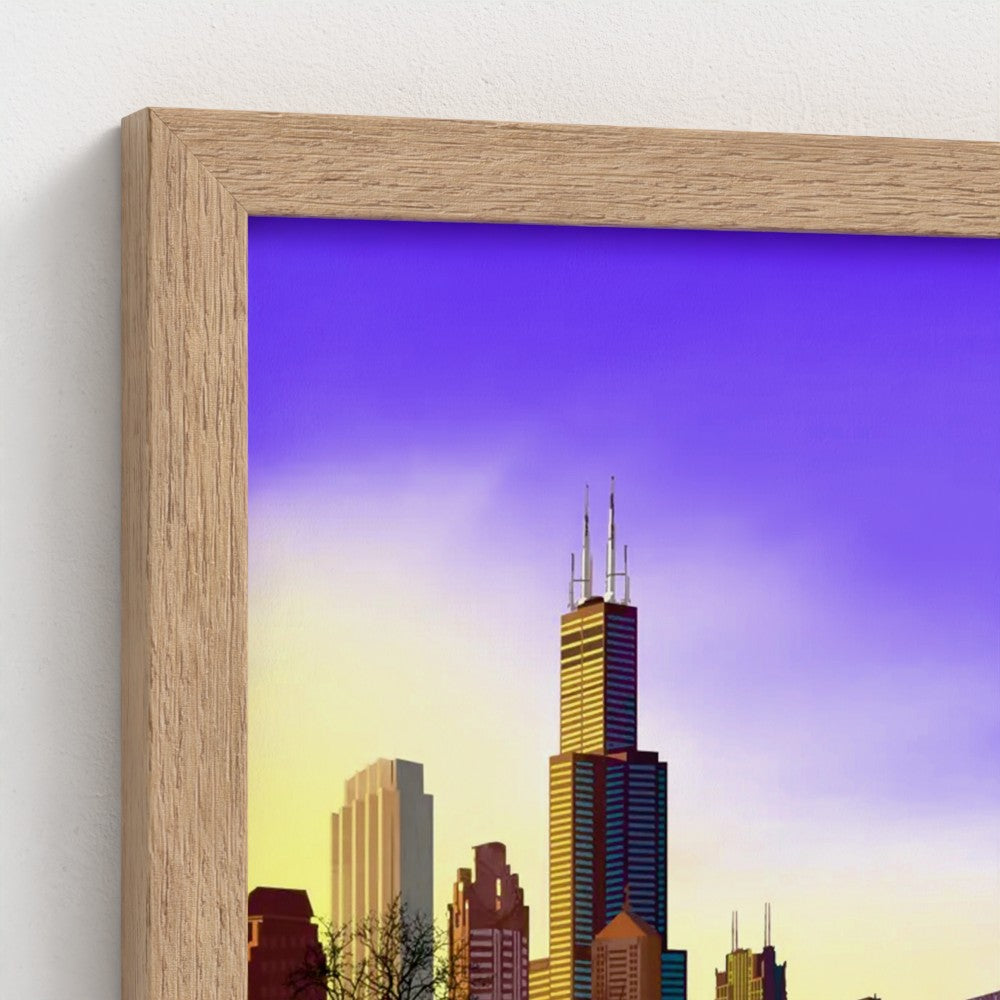 Panorámica del atardecer invernal en Chicago [Ilustración artística enmarcada] 