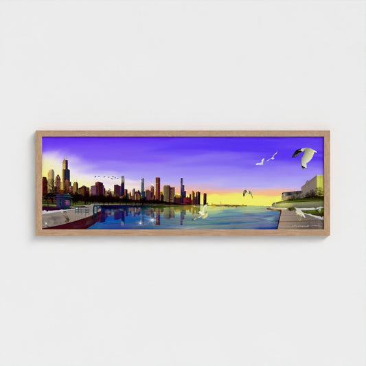 Chicago Winter Sunset Pano [Framed Illustration Art Print]