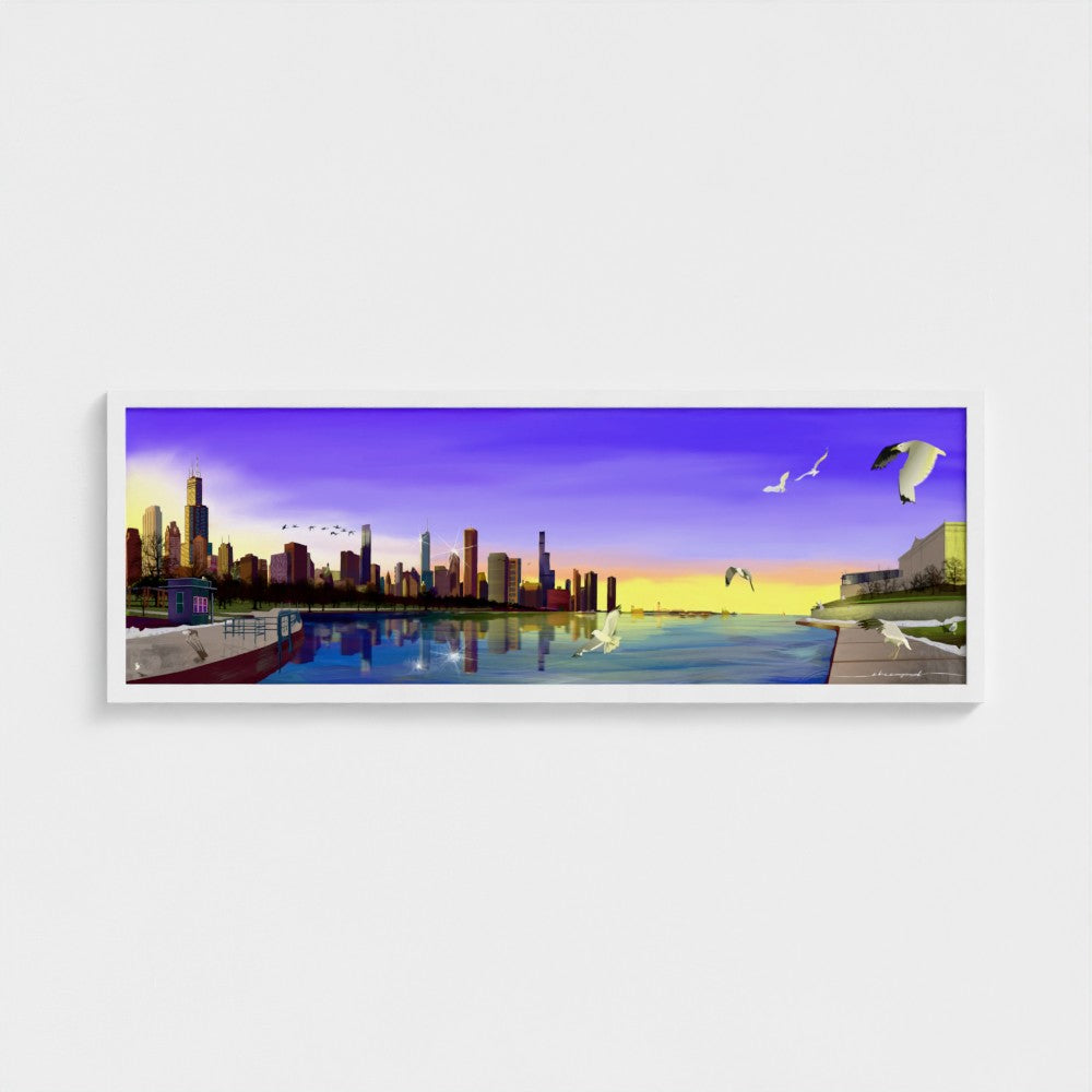 Panorámica del atardecer invernal en Chicago [Ilustración artística enmarcada] 