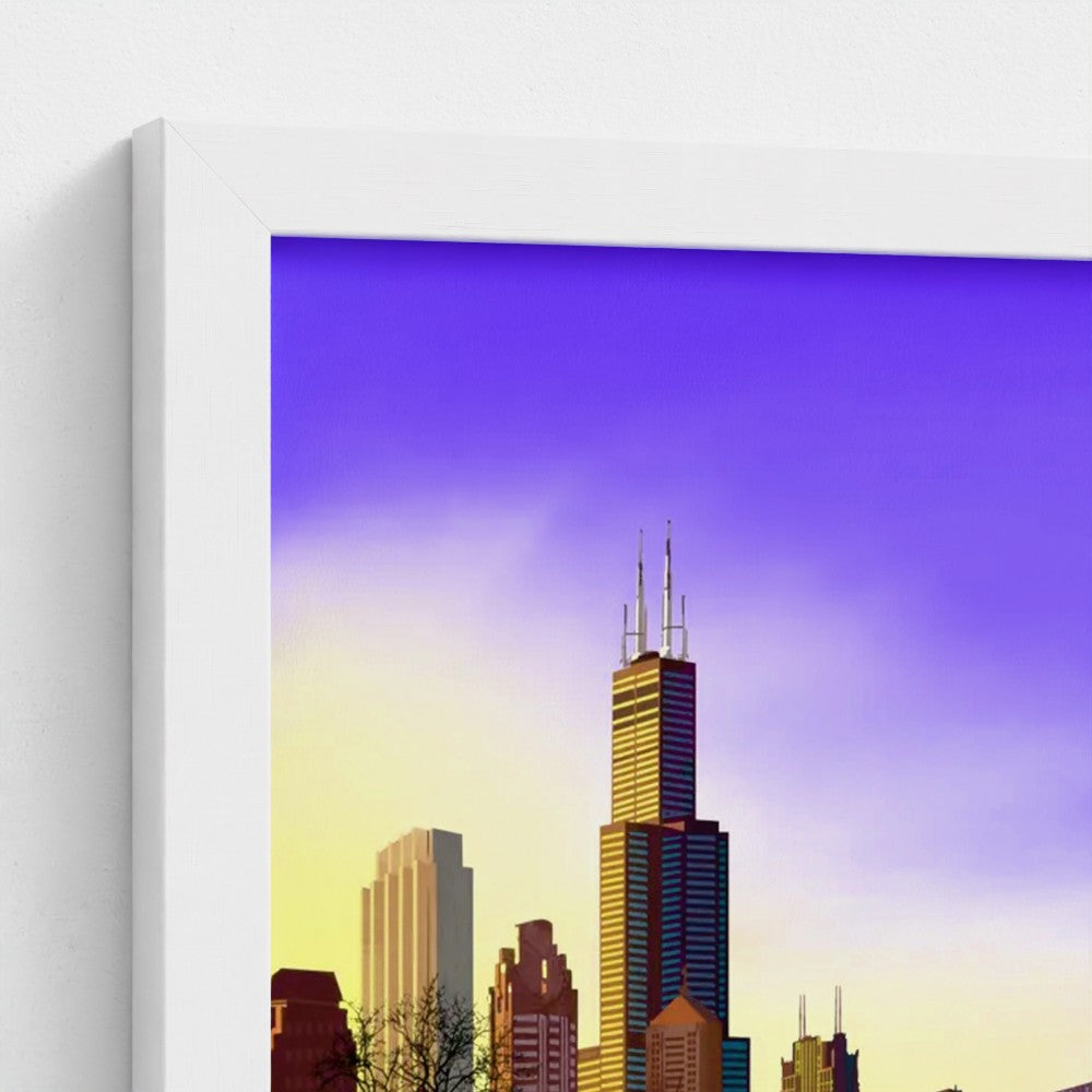Panorámica del atardecer invernal en Chicago [Ilustración artística enmarcada] 