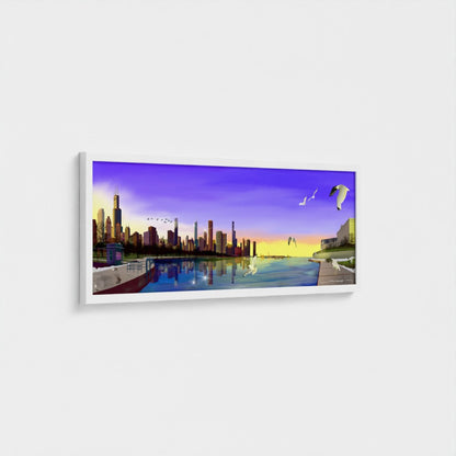 Panorámica del atardecer invernal en Chicago [Ilustración artística enmarcada] 