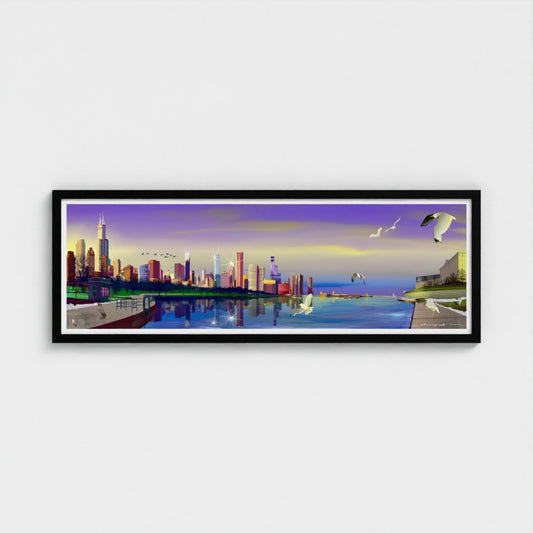 Panorámica del atardecer invernal en Chicago [Ilustración artística enmarcada] 