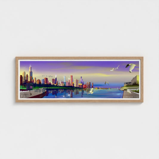 Panorámica del atardecer invernal en Chicago [Ilustración artística enmarcada] 