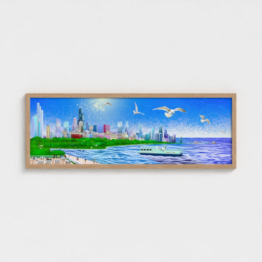 Panorámica del atardecer invernal en Chicago [Ilustración artística enmarcada] 