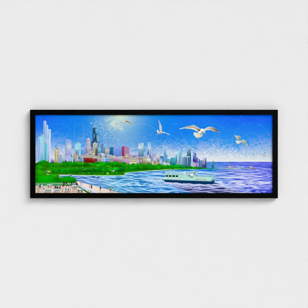Panorámica del atardecer invernal en Chicago [Ilustración artística enmarcada] 