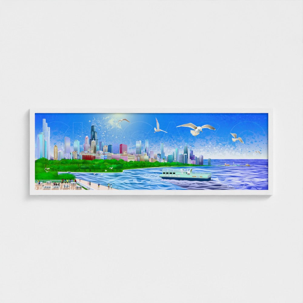 Panorámica del atardecer invernal en Chicago [Ilustración artística enmarcada] 