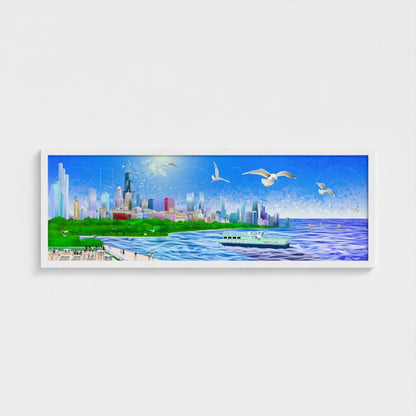 Panorámica del atardecer invernal en Chicago [Ilustración artística enmarcada] 