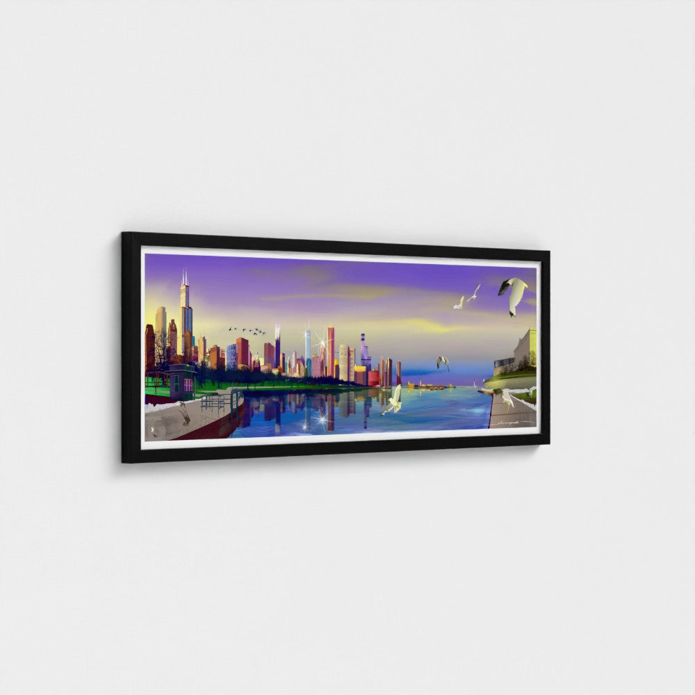 Chicago Winter Sunset Pano [Framed Illustration Art Print]