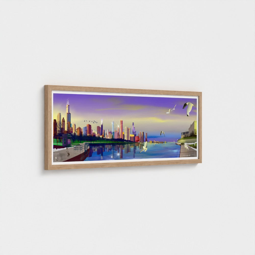 Chicago Winter Sunset Pano [Framed Illustration Art Print]