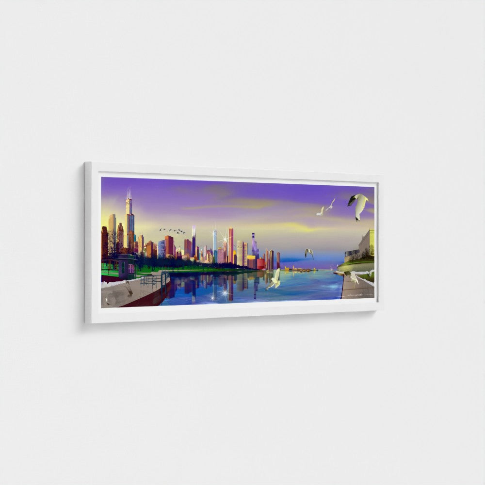 Chicago Winter Sunset Pano [Framed Illustration Art Print]