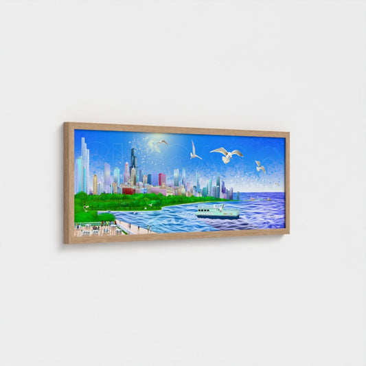 Panorámica del atardecer invernal en Chicago [Ilustración artística enmarcada] 