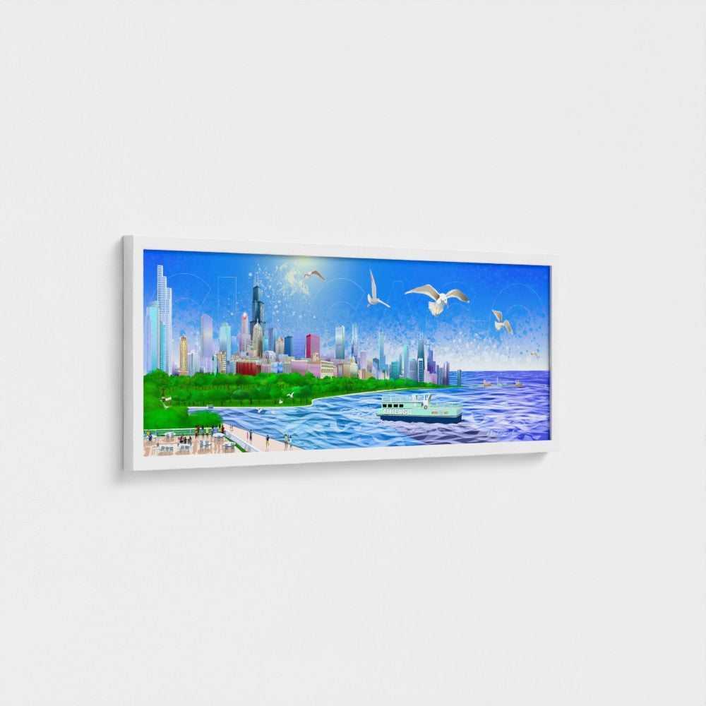Panorámica del atardecer invernal en Chicago [Ilustración artística enmarcada] 